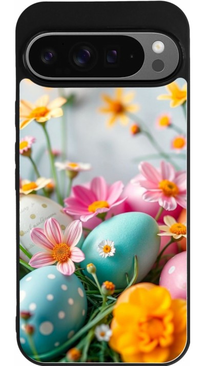 Google Pixel 9 Pro XL Case Hülle - Silikon schwarz Easter 2026 Eggs with flowers