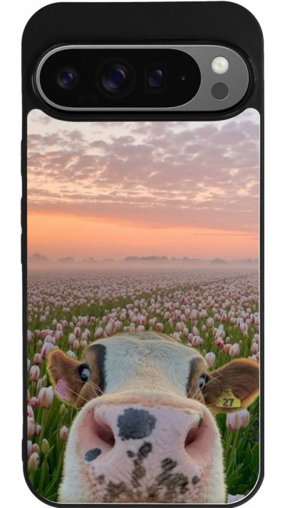 Coque Google Pixel 9 Pro XL - Silicone rigide noir Cow with tulips Spring 2026