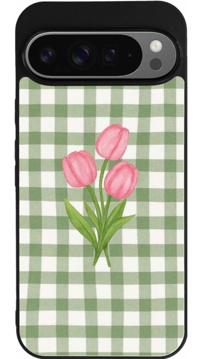 Coque Google Pixel 9 Pro XL - Silicone rigide noir Green vichy tulips Spring 2026