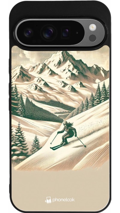 Coque Google Pixel 9 Pro XL - Silicone rigide noir Vintage Ski Mountain