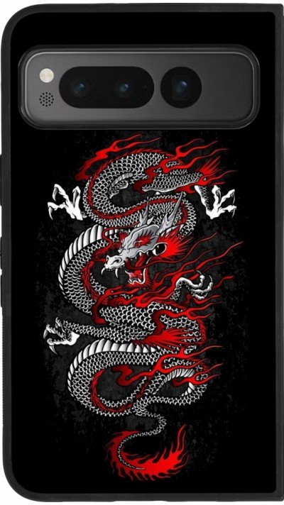 Coque Google Pixel Fold - Silicone rigide noir Japanese style Dragon Tattoo Red Black