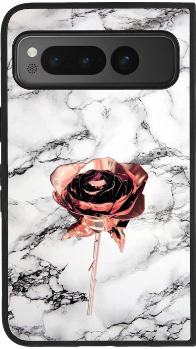 Coque Google Pixel Fold - Silicone rigide noir Marble Rose Gold