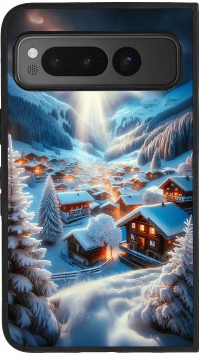 Coque Google Pixel Fold - Silicone rigide noir Mont Neige Lumière