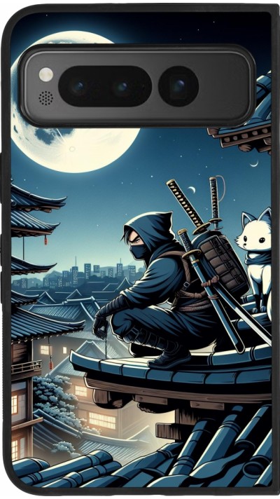 Coque Google Pixel Fold - Silicone rigide noir Ninja sous la lune
