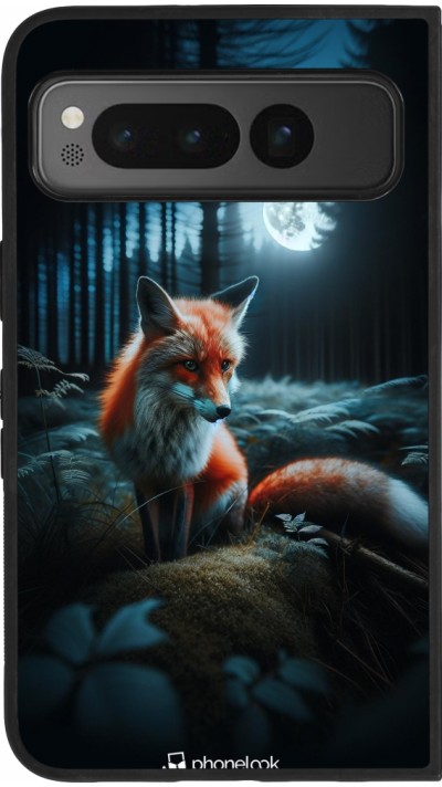 Coque Google Pixel Fold - Silicone rigide noir Renard lune forêt