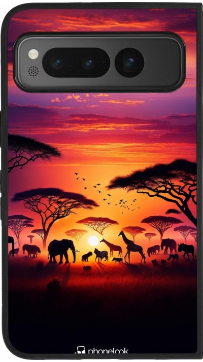 Coque Google Pixel Fold - Silicone rigide noir Safari sunset wildlife