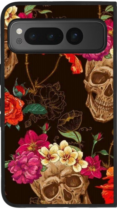 Google Pixel Fold Case Hülle - Silikon schwarz Skulls and flowers