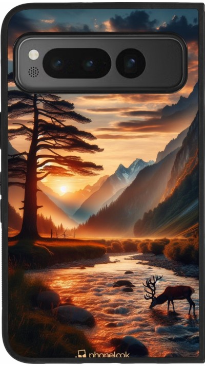 Google Pixel Fold Case Hülle - Silikon schwarz Tal Sonnenuntergang Hirsch Baum