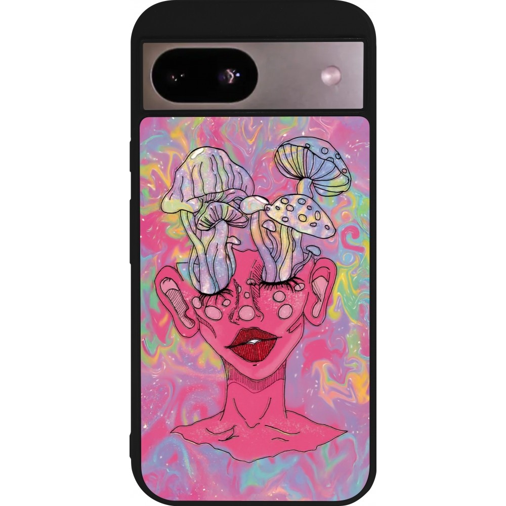 Coque Google Pixel 8a - Silicone rigide noir Psychedelic pink mushroom