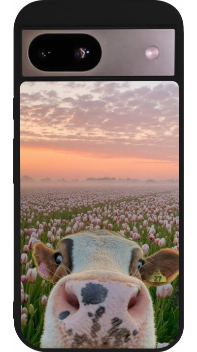 Coque Google Pixel 8a - Silicone rigide noir Cow with tulips Spring 2026