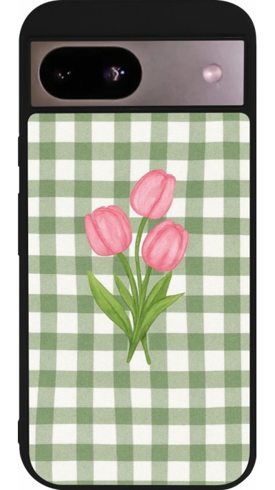 Coque Google Pixel 8a - Silicone rigide noir Green vichy tulips Spring 2026