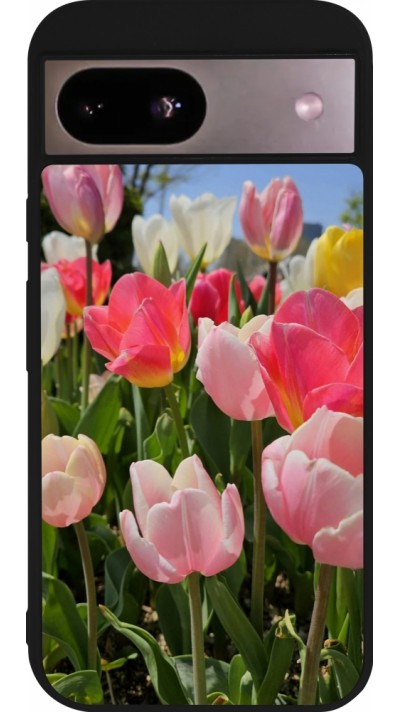 Coque Google Pixel 8a - Silicone rigide noir Tulips Spring 2026