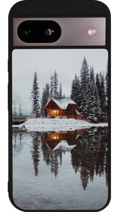 Coque Google Pixel 8a - Silicone rigide noir Winter 25 Winter house forest afternoon