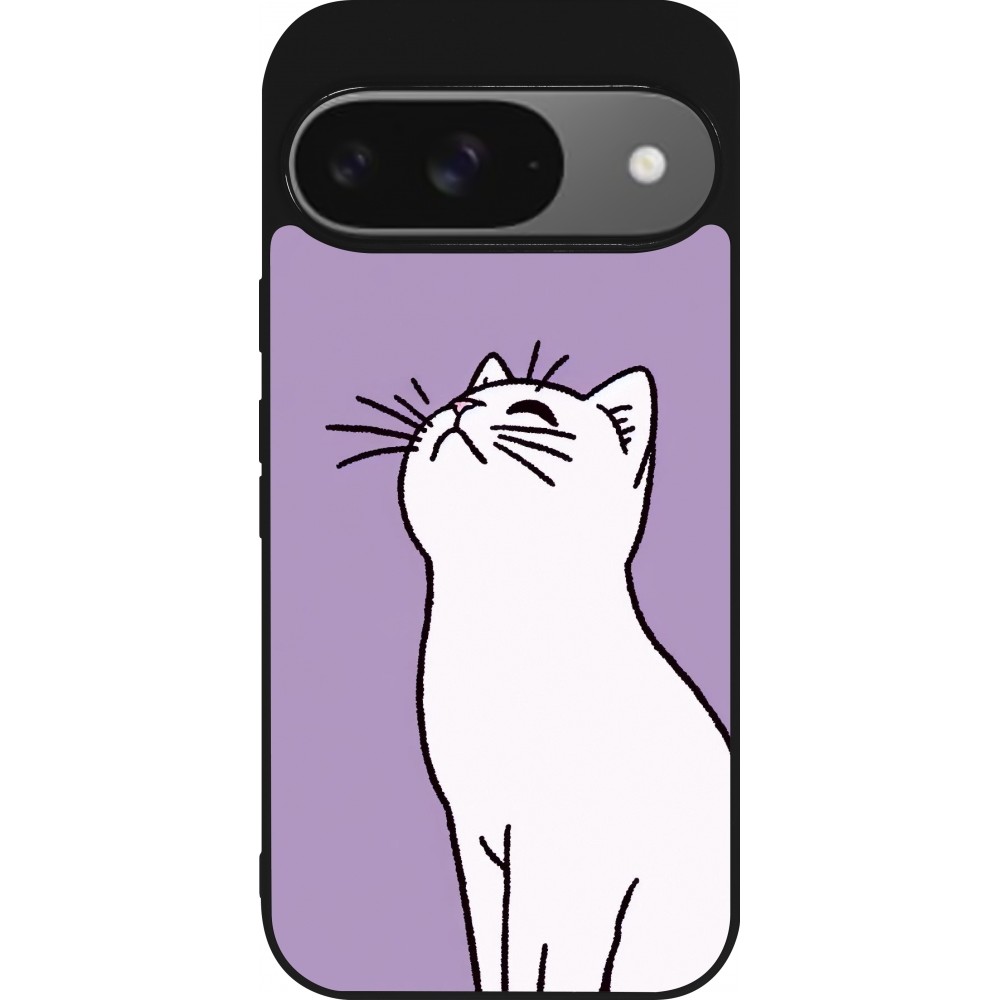 Google Pixel 9 / Pixel 9 Pro Case Hülle - Silikon schwarz Chat auf lila Hintergrund