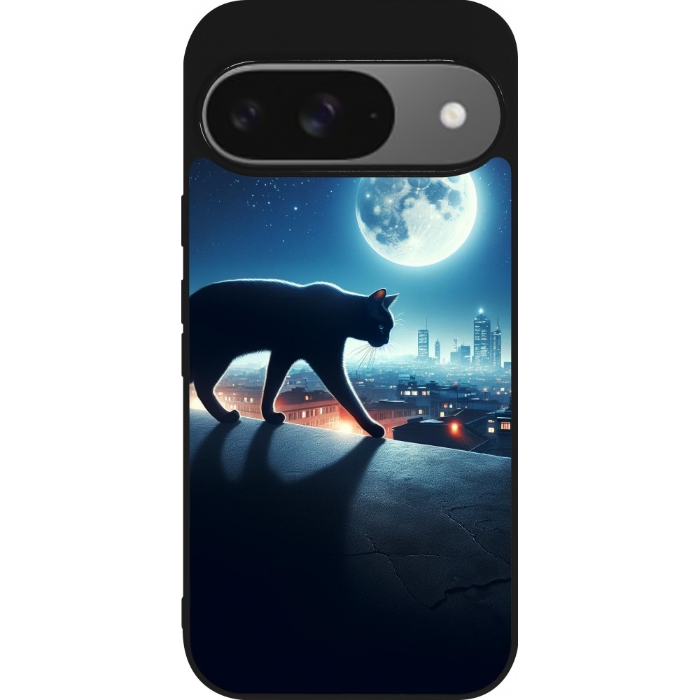 Google Pixel 9 / Pixel 9 Pro Case Hülle - Silikon schwarz Schwarze Katze unter dem Vollmond