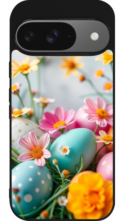 Google Pixel 9 / Pixel 9 Pro Case Hülle - Silikon schwarz Easter 2026 Eggs with flowers