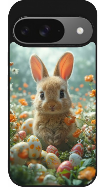 Google Pixel 9 / Pixel 9 Pro Case Hülle - Silikon schwarz Easter 2026 Rabbit in the garden