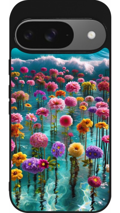 Coque Google Pixel 9 / Pixel 9 Pro - Silicone rigide noir Flower sea waves