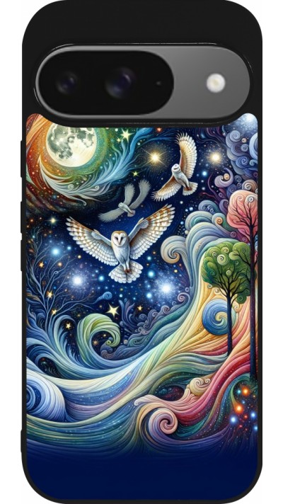Coque Google Pixel 9 / Pixel 9 Pro - Silicone rigide noir hibou volant floral Coque Google Pixel 9 / Pixel 9 Pro - Silicone rigide noir hibou volant floral
