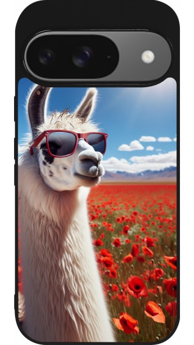 Coque Google Pixel 9 / Pixel 9 Pro - Silicone rigide noir Lama Chic en Coquelicot Coque Google Pixel 9 / Pixel 9 Pro - Silicone rigide noir Lama Chic en Coquelicot