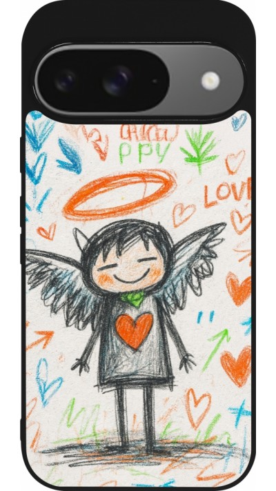 Coque Google Pixel 9 / Pixel 9 Pro - Silicone rigide noir Little Angel Sketch Love