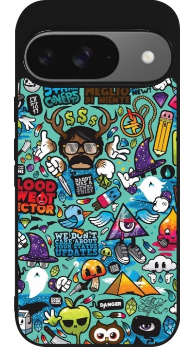 Coque Google Pixel 9 / Pixel 9 Pro - Silicone rigide noir Mixed Cartoons Turquoise Coque Google Pixel 9 / Pixel 9 Pro - Silicone rigide noir Mixed Cartoons Turquoise
