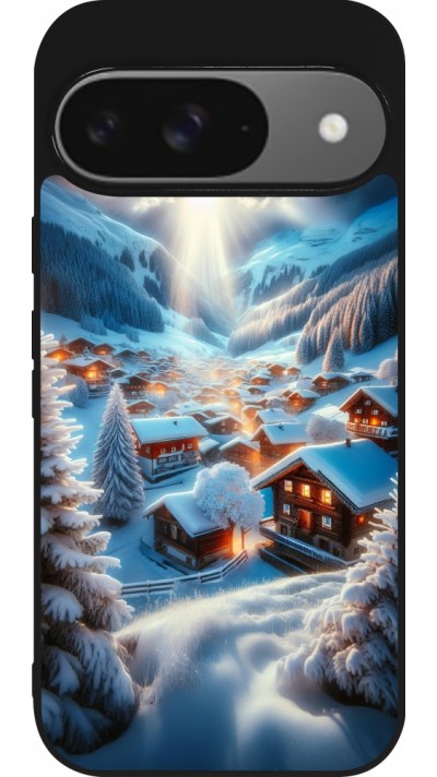 Coque Google Pixel 9 / Pixel 9 Pro - Silicone rigide noir Mont Neige Lumière Coque Google Pixel 9 / Pixel 9 Pro - Silicone rigide noir Mont Neige Lumière
