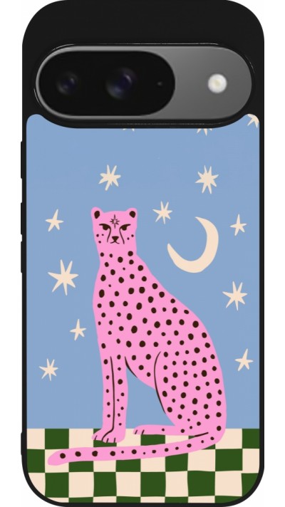 Google Pixel 9 / Pixel 9 Pro Case Hülle - Silikon schwarz Pink leopard with stars 2026
