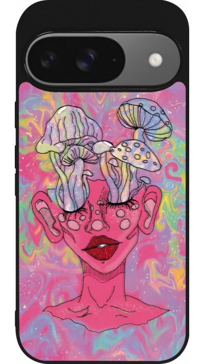 Coque Google Pixel 9 / Pixel 9 Pro - Silicone rigide noir Psychedelic pink mushroom