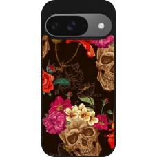 Google Pixel 9 / Pixel 9 Pro Case Hülle - Silikon schwarz Skulls and flowers