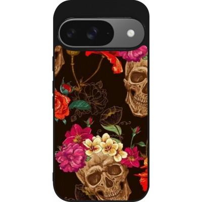 Google Pixel 9 / Pixel 9 Pro Case Hülle - Silikon schwarz Skulls and flowers