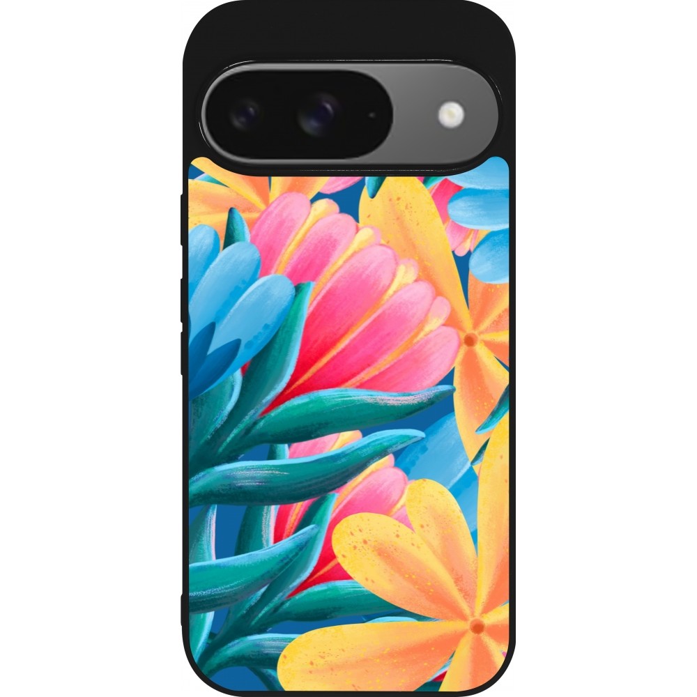 Google Pixel 9 / Pixel 9 Pro Case Hülle - Silikon schwarz Spring 23 colorful flowers