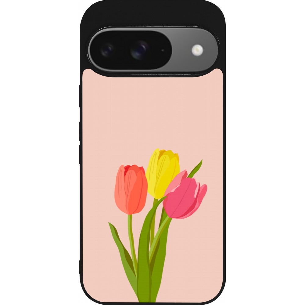 Google Pixel 9 / Pixel 9 Pro Case Hülle - Silikon schwarz Spring 23 tulip trio