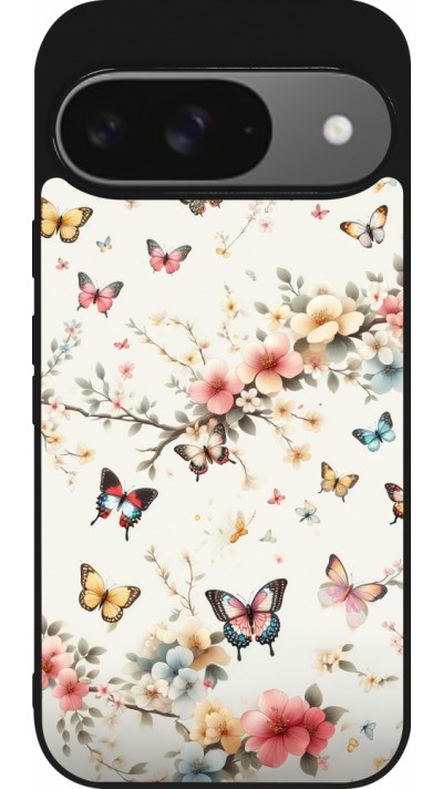 Coque Google Pixel 9 / Pixel 9 Pro - Silicone rigide noir Spring 25 Papillons Légers