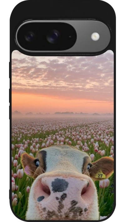 Google Pixel 9 / Pixel 9 Pro Case Hülle - Silikon schwarz Cow with tulips 2026