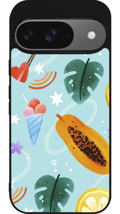 Google Pixel 9 / Pixel 9 Pro Case Hülle - Silikon schwarz Summer 2025 Pattern papaya