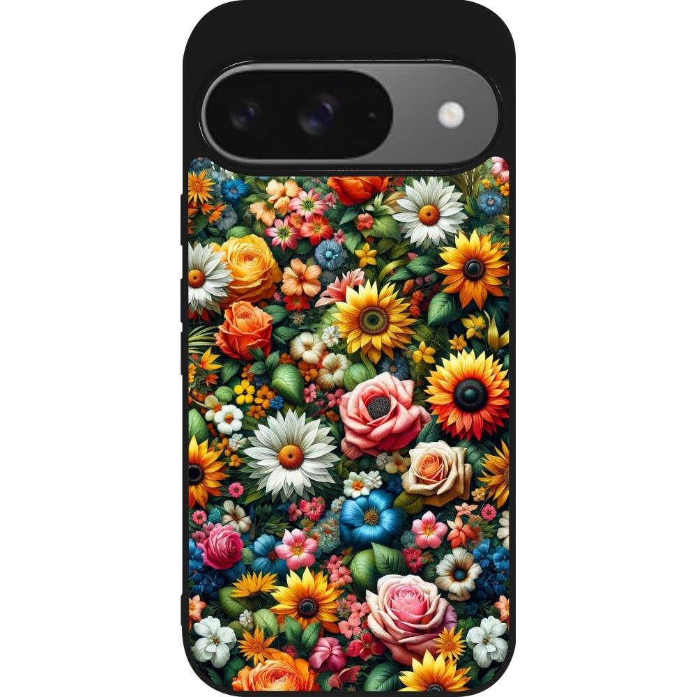 Google Pixel 9 / Pixel 9 Pro Case Hülle - Silikon schwarz Sommer Blumenmuster
