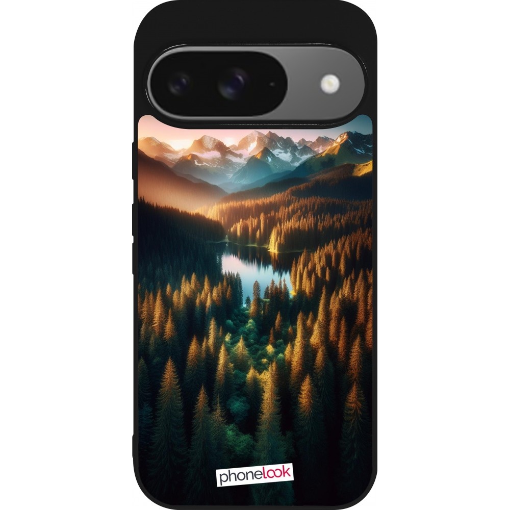Google Pixel 9 / Pixel 9 Pro Case Hülle - Silikon schwarz Sonnenuntergang Waldsee