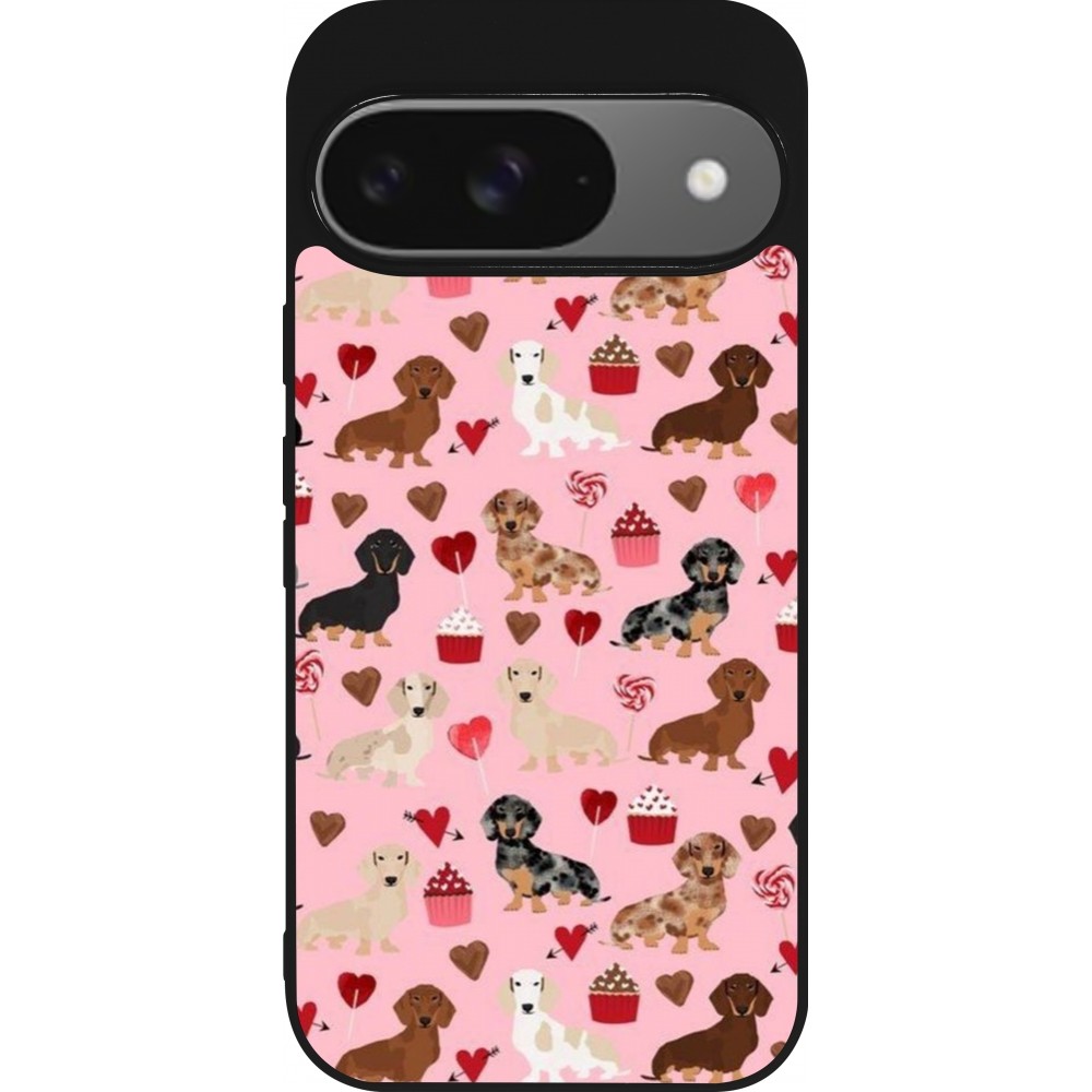 Google Pixel 9 / Pixel 9 Pro Case Hülle - Silikon schwarz Valentine 2024 puppy love
