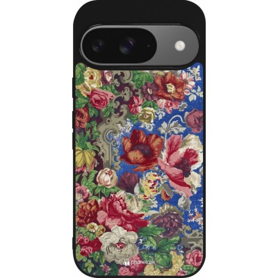 Google Pixel 9 / Pixel 9 Pro Case Hülle - Silikon schwarz Vintage Art Flowers