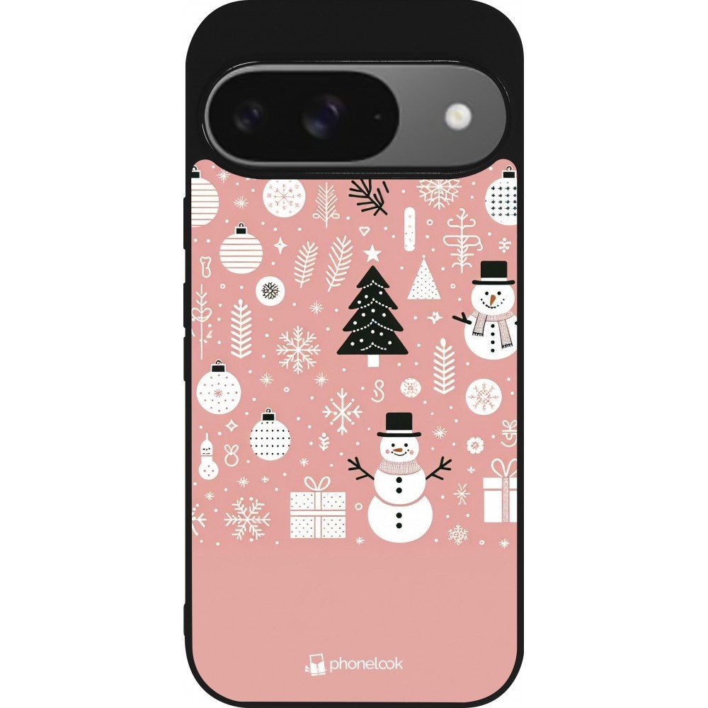 Google Pixel 9 / Pixel 9 Pro Case Hülle - Silikon schwarz Weihnachten 2024 Rose Schneemann Weihnachten
