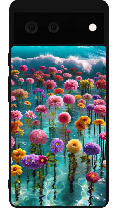 Coque Google Pixel 6 - Silicone rigide noir Flower sea waves