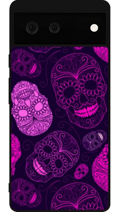 Coque Google Pixel 6 - Silicone rigide noir Halloween 2023 pink skulls Coque Google Pixel 6 - Silicone rigide noir Halloween 2023 pink skulls