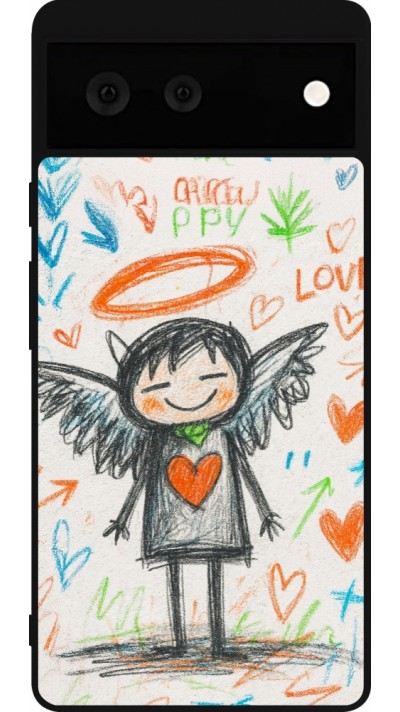 Coque Google Pixel 6 - Silicone rigide noir Little Angel Sketch Love