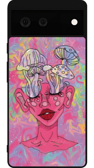 Coque Google Pixel 6 - Silicone rigide noir Psychedelic pink mushroom