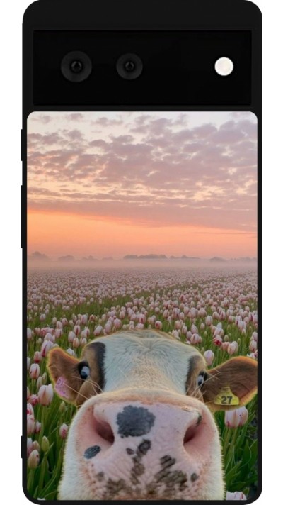 Coque Google Pixel 6 - Silicone rigide noir Cow with tulips Spring 2026
