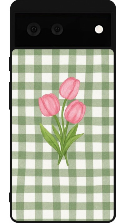 Coque Google Pixel 6 - Silicone rigide noir Green vichy tulips Spring 2026