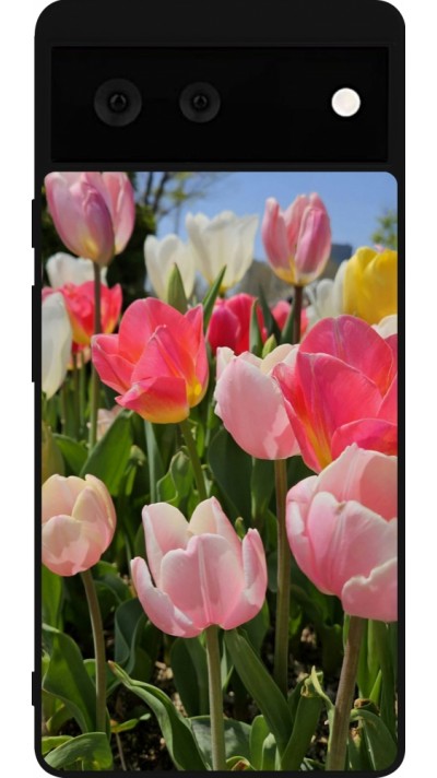 Coque Google Pixel 6 - Silicone rigide noir Tulips Spring 2026