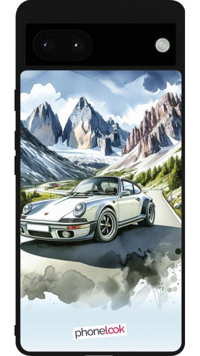 Coque Google Pixel 6a - Silicone rigide noir Porsche 911 Mountain Watercolor