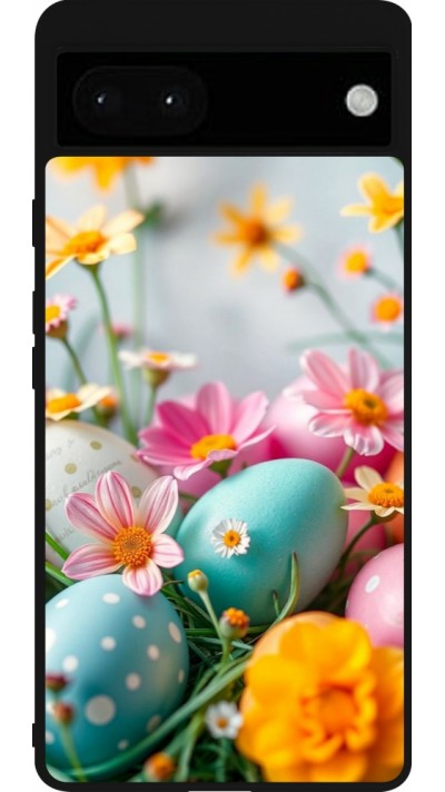 Google Pixel 6a Case Hülle - Silikon schwarz Easter 2026 Eggs with flowers